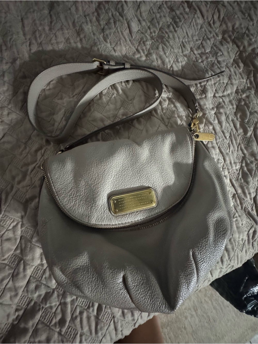 Marc Jacobs Pebbled Light Gray Leather Crossbody with Gold Plate